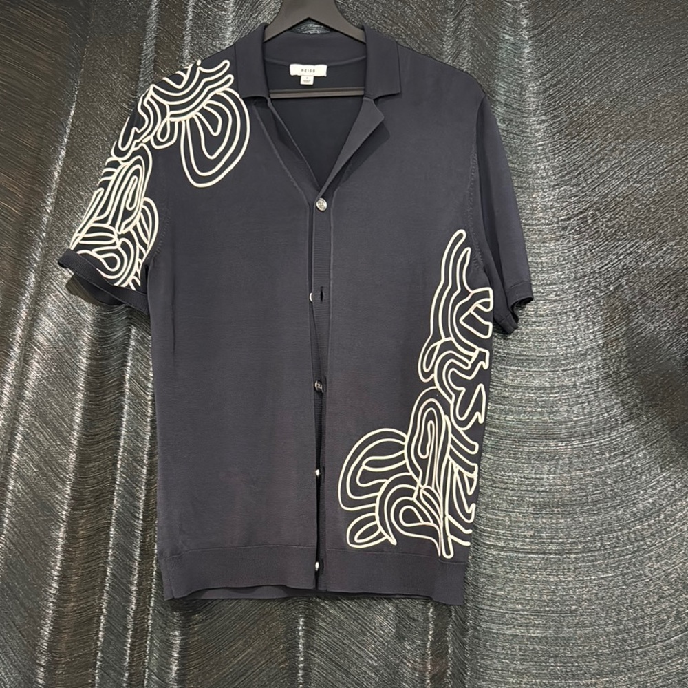Reiss Dark Navy and White Casual Button Down Shirt with Ornate Patterns